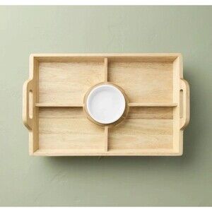 Hearth & Hand 11x16 Wood Serving Tray w/ Ceramic Bowl Insert Brown/Cream NEW